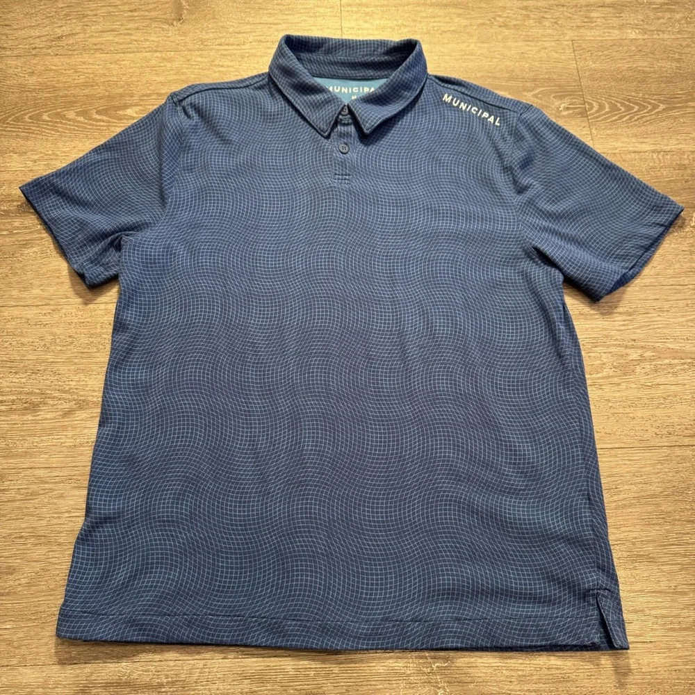Municipal Polo Shirt Mens M Blue Wavy Grid Cotton Golf Performance Sport Golfer